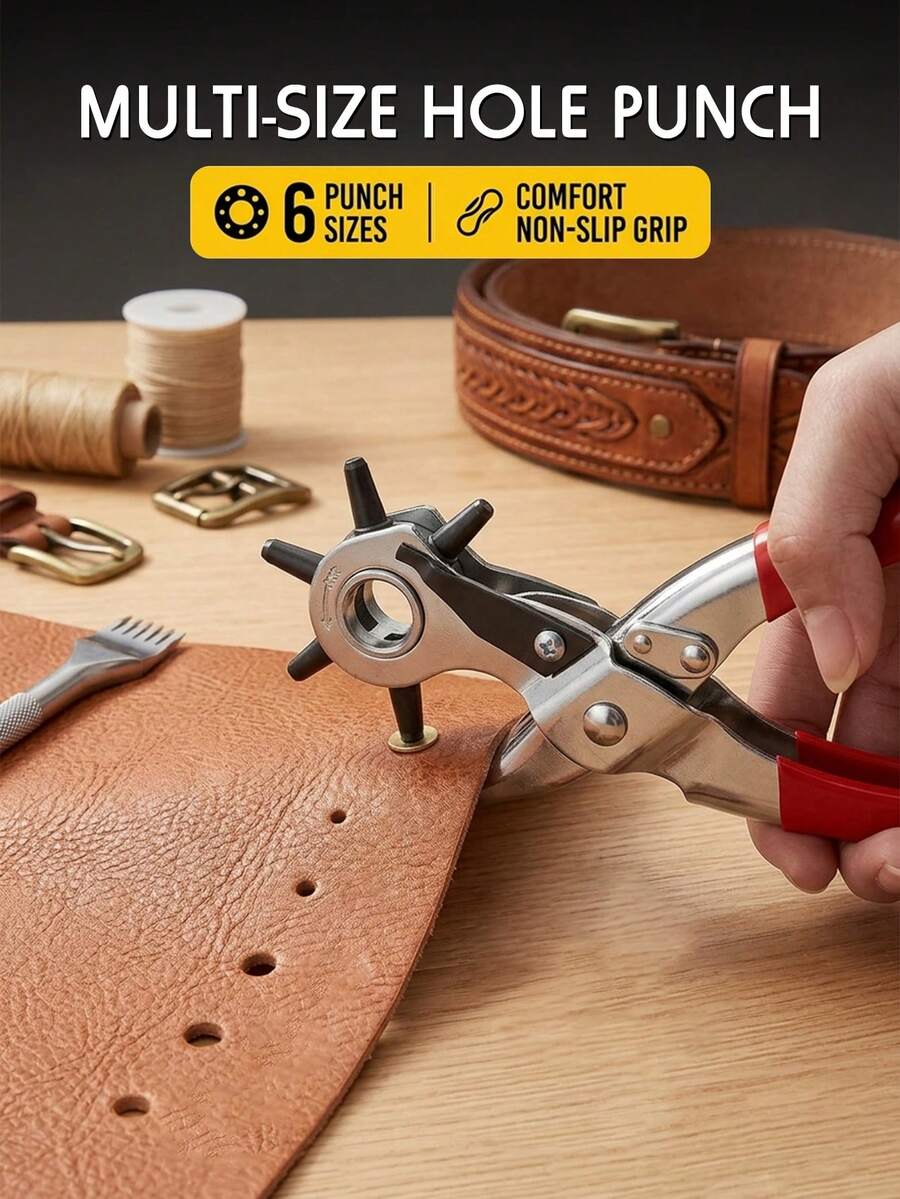 1个9英寸打孔器 - 皮带打孔工具，皮革打孔工具套装，重型6种尺寸旋转式皮革皮带手动打孔器，适用于皮带、表带、皮带、狗项圈、马鞍、鞋子、织物、DIY家居或工艺项目
