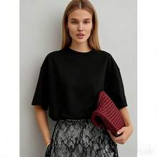 Camiseta de manga corta 100% algodón, elegante y con estilo, de estilo retro europeo y americano, moderna, holgada y versátil. - Negro - Ver 4