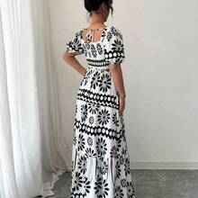 Women's Summer Country Floral Print Bardot Neck Dress - Blanco y Negro - Ver 3