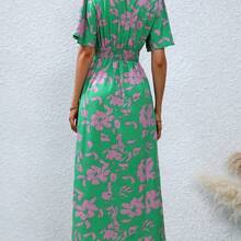 Women's Elegant Chic Minimalist High-End Casual Dress, Suitable For Office, Commute, Beach, Music Festival, Afternoon Tea, French Riviera Style, With Leopard Print, V-Neck, Waist Tie, Button Decor, A-Line Hem, Split, Puff Sleeve, Mid-Length - Azul - Ver 3
