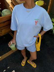 Women's Casual Loose Fit Beach T-Shirt With Lobster Stripe And Letter Print, Summer Beach Shirt, Pastel Colors, Suitable For Vacations, Graduation Trips, Beach Parties, Music Festivals - 天藍色 - 查看 2