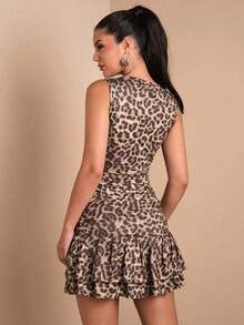Vestido mini ajustado de mujer de color blanco liso sin mangas con volantes en la cintura y falda acampanada.Vestido de Body entero con capas para el verano, otoño e invierno - Marrón - Ver 2
