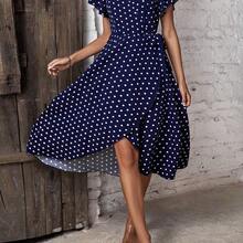 Polka Dot Print Butterfly Sleeve Knot Side Wrap Dress Maxi Vacation Beach Outfits Women - Energía azul - Ver 4
