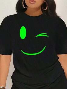 100% Cotton Women's Summer Short Sleeve T-Shirt, Spring Clothes, Neon Green Women's T-Shirt With Happy Face Print - Casual Short Sleeve Top With Round Neck And Bright Print, Black And Lime Green For Spring, Summer And Autumn, Ideal For Parties Or Daily Wear, Machine Washable, Loose And Comfortable For Summer. Loose And Comfortable T-Shirts, Summer Sets For Women. - 黑色 - 查看 6