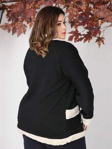Women's Plus Size Coat With Button, Plush, Thick, Long Sleeves, Winter - Negro - Ver 4
