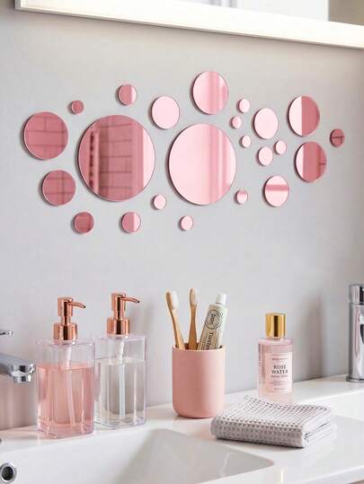 32 piezas Pegatinas de espejo redondo de oro rosa, Vinilos de espejo acrílico DIY para pared, Pegatinas de azulejos de espejo redondo, Decoración de pared con espejos acrílicos redondos, Decoración de habitación, Decoración de dormitorio, Decoración del hogar, Decoración de pared, Decoración de baño