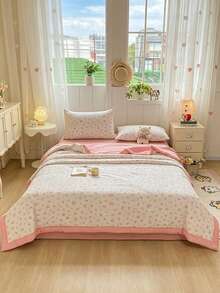 1pc Double-Layer Chiffon Summer Quilt, Dual-Person Air Conditioning Quilt For Dorm, Skin-Friendly Fabric, AB-Version Full Filling Design, Lightweight Soft Breathable Cool And Smooth, Silky Naked Feeling, Moisture-Wicking, Thin Quilt For Summer, Fashionable Printed Blanket, Suitable For Home Bedroom Decor, Wedding Supplies, Valentine's Day Home Decor, Easter Gifts, Mother's Day Gifts, All-Season Use - Pink - View 2