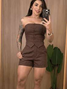Women's Tailored Set: Dress Shorts And Strapless Top - 鏽棕色 - 查看 2