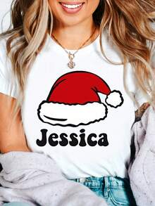 Camiseta Estamp con Gorro de Navidad de Jessica, Regalo de Navidad - Blanco - Ver 2