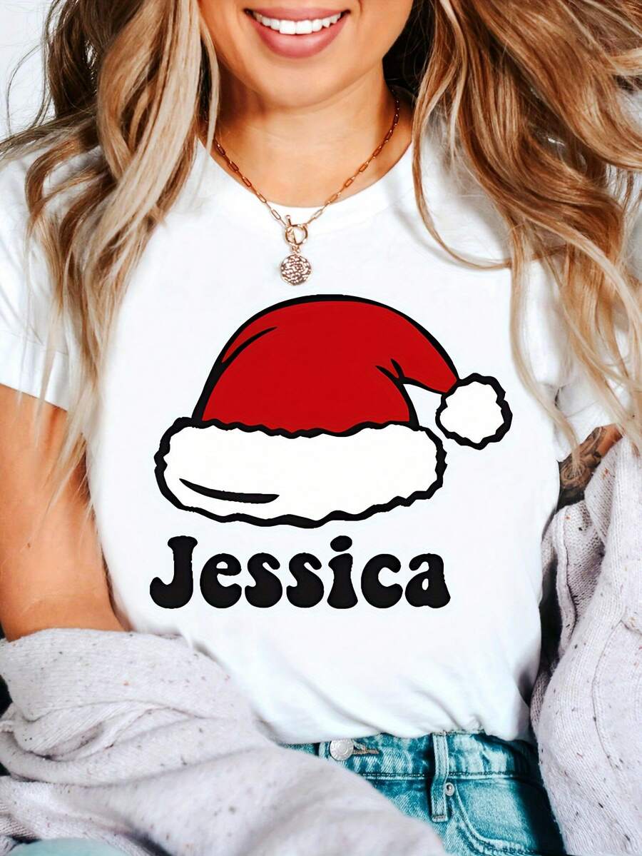 Camiseta Estamp con Gorro de Navidad de Jessica, Regalo de Navidad