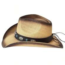 1Pc Vintage Distressed Straw Cowboy Hat, Western-Style Wide-Brimmed Hat With Bull's Head And Turquoise Rivet Embellishments, Classic Western-Style Panama Hat, Suitable For Outdoor Sun Protection, Parties, And Outdoor Sports. - 黑色 - 查看 5