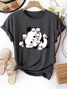 Camiseta de manga corta con cuello redondo para mujer, estampado de la familia panda abrazándose, lavable a máquina, camiseta de primavera/verano, diseño divertido, ajuste cómodo - Camiseta unisex de algodón holgada de estilo vintage con cuello redondo y manga corta. - Negro - Ver 9