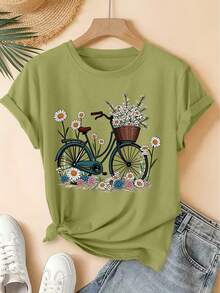 Camiseta unisex de algodón de manga corta y cuello redondo, estilo vintage urbano, con estampado floral de margaritas, estilo bosque fresco, top holgado, moda elegante para fiestas de primavera/verano 2026, ropa versátil para mujer para ir al trabajo. - Blanco - Ver 10