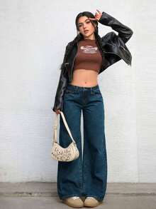 ICON Solid Color Wide Leg Pocket Jeans, Casual And Versatile - 藍色 4 - 查看 7