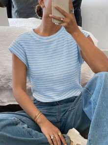 Camiseta casual de cuello redondo de manga corta de unicolor con textura de gofre, cómoda para el verano - Celeste - Ver 4