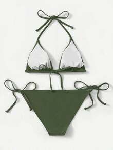 Women's Simple Solid Color Swim Bikini With A Halter Neck And Cutout, Suitable For Beach Vacations And Summer. - Army Green - View 2
