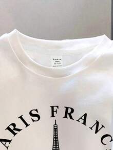 Camiseta holgada de manga corta con cuello redondo y estampado de la Torre Eiffel "PARIS" en blanco, adecuada para la temporada deportiva en París - Blanco - Ver 3