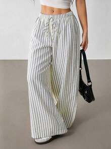 Pantalones casuales anchos de pierna ancha con cintura de corbata y rayas para mujer - Azul y blanco - Ver 8