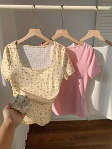 3 piezas de camisetas cortas básicas de cuello redondo y cortas para mujer en marrón café y blanco, ropa de otoño - Multicolor - Ver 7