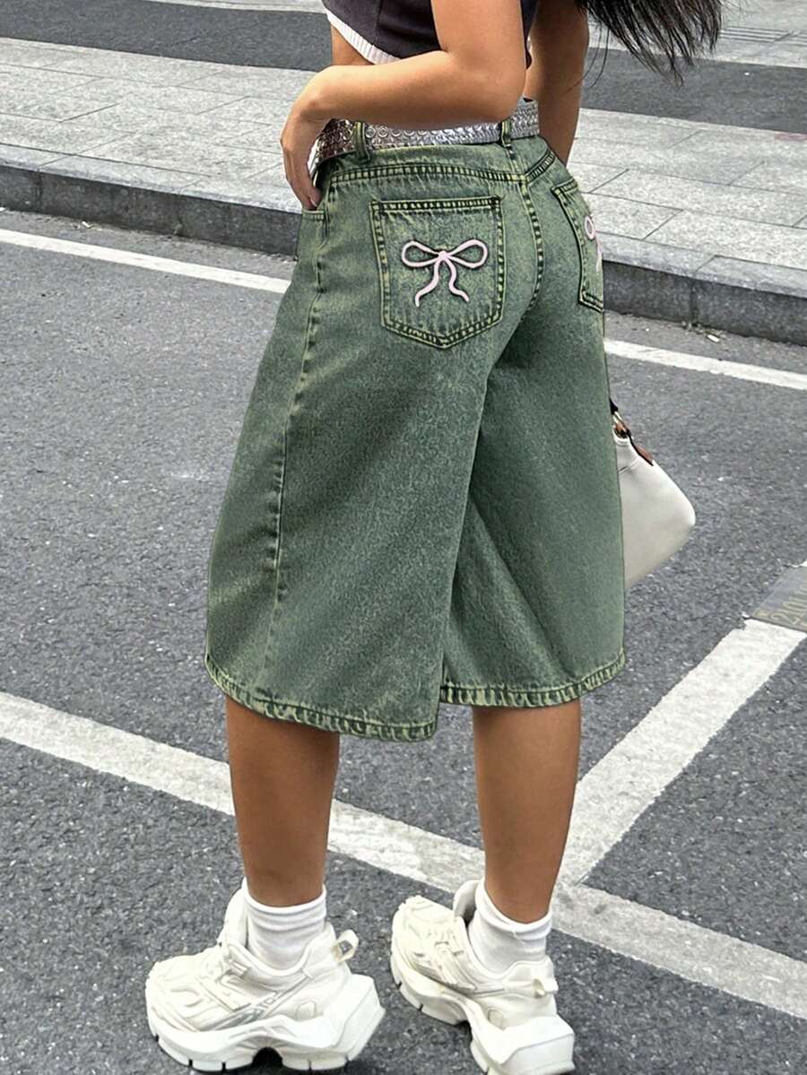 女款 Y2K 寬鬆版型 3/4 長牛仔褲,蝴蝶刺繡口袋,休閒夏季款 - 懷舊 - 查看 1