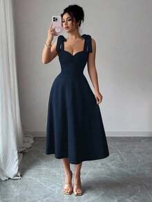 elegante y romántico para mujer con lazo decorativo en la cintura y corte evasé sin mangas - Azul marino - Ver 6
