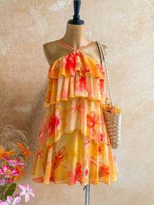 Nuevo vestido elegante y romántico para invitados de boda, de unicolor, con espalda descubierta, multicapa con volantes de gasa, minivestido, adecuado para estilo bohemio, boho, flores románticas, vacaciones, fiestas florales, citas, San Valentín, - Multicolor 5 - Ver 6
