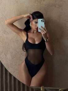 Traje de baño de una sola pieza para mujer con diseño de unicolor, tirantes, parches de malla, sexy y con recortes, estilo bohemio para festivales - Negro 2 - Ver 1