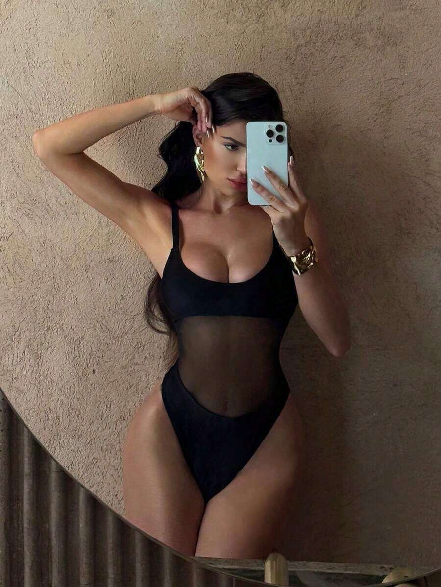 Traje de baño de una sola pieza para mujer con diseño de unicolor, tirantes, parches de malla, sexy y con recortes, estilo bohemio para festivales - Negro 2 - Ver 1