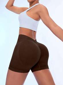 Short cycliste de yoga TCVC pour femmes, sans couture, taille haute en V, effet fesses sculptées, sport - Marron - Voir 2