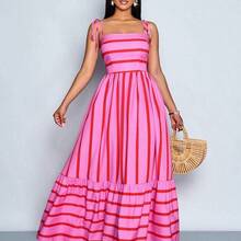 Women's Flowing Striped Maxi Dress With Shoulder Straps And Chest Gathering, Suitable For Vacation, Beach, Commuting, And Casual Daily Wear, Elegant Gown (Random Floral), Summer Outfits , Summer Tops Summer Clothes , Summer Outfits For Women , Summer Holiday Outfits , Summer Outfit For Women,Beach , Beach Dress , Beach Dresses , Beach Outfits For Women, Beach Outfit For Women , Beach Outfit , Vacation Outfits Women , Holiday Outfits For Women , Summer Holiday Outfits , Vacation , Holiday , Vacat - Blanco - Ver 2
