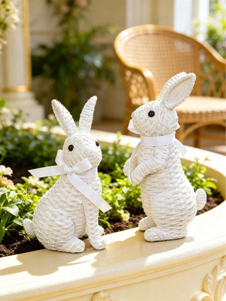 Resin Woven Texture Rabbit Figurine Set (With White Ribbon) - Adorable Rabbit Design, Suitable For Placing On Living Room Shelves, Patio Tables, And Vanity, Creating A Warm And Charming Atmosphere, A Popular Accessory For Fashionable Indoor And Outdoor Decor. Easter Decoration, Easter Gift - A - View 1