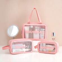 PVC Transparent Large Capacity Makeup Bag PU Waterproof Portable Toiletry Bag Women's Handheld Travel Organizer Bag - Pink - View 3