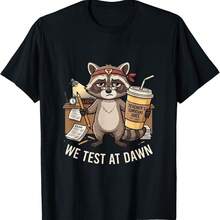 We Test At Dawn Funny Raccoon Teacher State Testing Day T-Shirt - Black - View 1