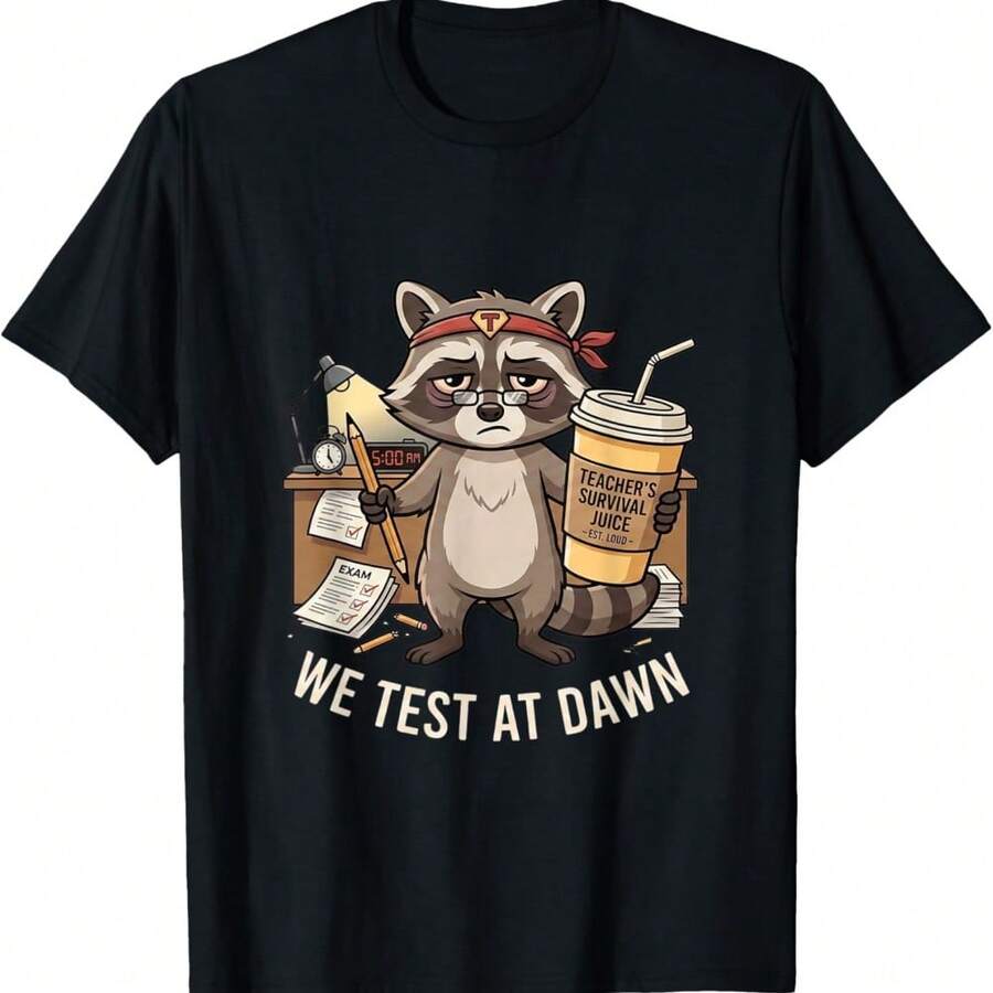 We Test At Dawn Funny Raccoon Teacher State Testing Day T-Shirt - Black - View 1