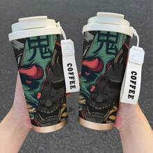 1個 530ML Cool Mask/Abstract Wishes/National Style 印花不鏽鋼保溫隨行杯，附蓋與矽膠吸管，舒適握感，大容量咖啡杯，適用辦公室、學校、居家、露營，送給朋友/家人的禮物推薦 - 彩色 - 查看 1
