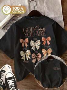 [Impresión a Doble Cara] Camiseta Casual de Verano para Mujer, Estilo Vintage, Lazo, Estampado Floral, Estampado "GOD SAYS YOU ARE", Cuello Redondo, Camiseta de Manga Corta de Algodón Puro [Ling K]-Estilo Retro Casual, Unisex, Camiseta de Manga Corta de Algodón Cómoda con Cuello Redondo - Negro - Ver 7