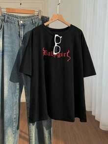 1 pieza 356T Camiseta  Plus con estampado de letras y hombros caídos, 180g, 100% algodón - Negro - Ver 4
