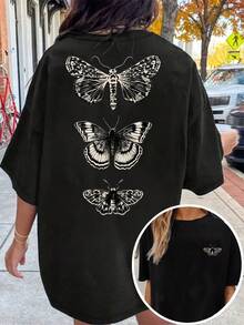 Camiseta Gráfica Oversize para Mujer con Estampado "Mariposa Polilla Vintage", Transpirable y Cómoda, Manga Corta, Cuello Redondo, Estampado Dark Academia, Algodón Suave, Perfecta para Uso Diario y Estilo Grunge Urbano - Negro - Ver 3