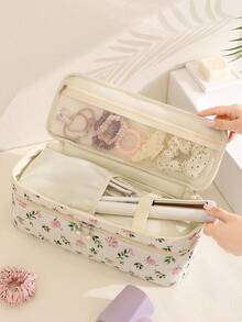 1pc Floral Double Layer Hair Tool Storage Bag, Cute Large Capacity Makeup Organizer Bag, Can Store Hair Dryer, Styling Tools, Travel Hair Tools, Curling Iron, Hair Dryer, Hair Clips, Straightener, Perfect For Travel, Valentine's Day, Christmas, Mother's Day Gift, Home And Travel Essential - Multicolor - View 3