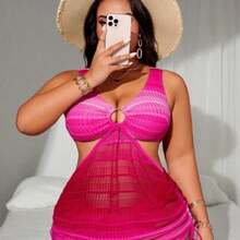 Swim  Plus Size Women's 2pcs Ombre Halter Waist Hollow Out Drawstring Split Swimsuit Set - Rosa Fucsia - Ver 1