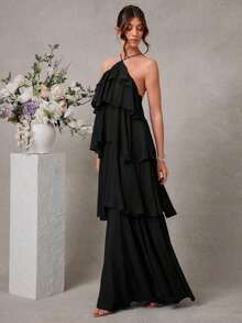 Vestido largo elegante y romántico de gasa con cuello de halter y volantes para invitados a una boda - Negro - Ver 4