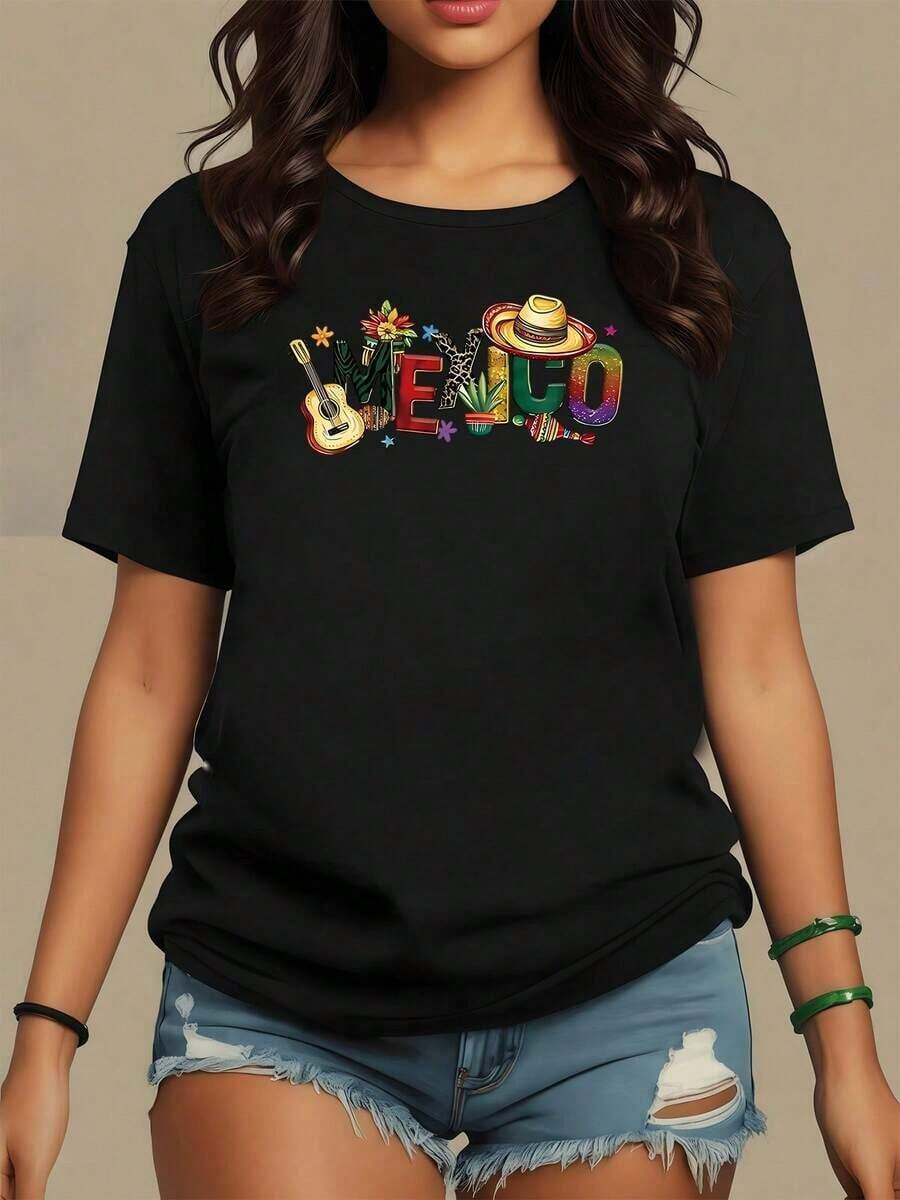 Printed With The Word Mexico Formed By A Guitar, Hat, Flowers, And Cactus, Celebrating The Joy And Culture Of The Country. Women's T-Shirt, 100% Soft And Comfortable Cotton. - 黑色 - 查看 1
