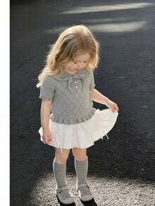 Kleine Mädchen Mode Strick Kurzarm Top, Schleifendesign, Lässiges Strick Kurzarm Top, vielseitig für den Alltag, Sommer - Grau - Übersicht 3