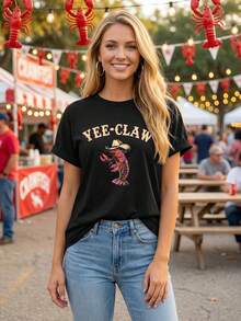 Camiseta de Cangrejo de Río: Alimenta Me con Cangrejo de Río, Dime Que Soy Bonita. Camiseta para Mujer con Diseño Gráfico Vintage de Mariscos para el Verano. - Negro - Ver 5