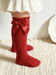 1 Pair Girls' Mesh Bow Knee High Socks, Breathable Non-Sweating Calf Length Socks - Red - View 4
