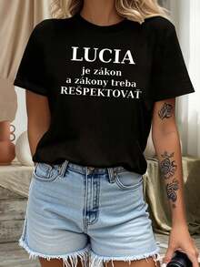 Camiseta con estampado de letras de Czech Lucia Law para mujer, primavera-verano, manga corta, cuello redondo, casual, para uso diario, regalo de vacaciones. - Negro - Ver 9