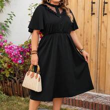 Vestido largo elegante negro, cuello en V, encaje con calados, color liso - Negro - Ver 3