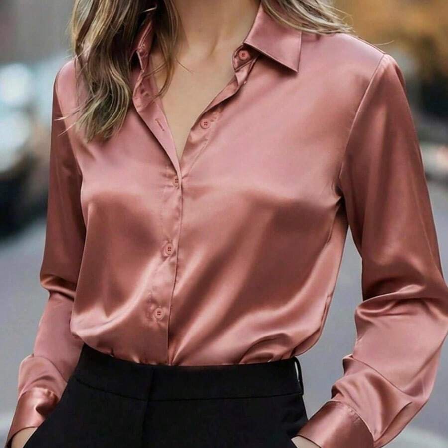 2026 Women's Satin Button-Up Blouse, Elegant Collared Shirt For Office Or Casual Wear, Autumn Winter Spring Summer Tops Summer Outfits For Women Summer Clothes Shirts Vacation Outfits Women Spring Outfits For Women Blusas Bonitas De Mujer Cute Tops Going Out Tops Women - 蓮藕粉紅 158 - 查看 1
