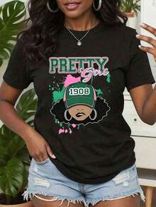 Women's 100% Cotton T-Shirt, Pretty Girl 1908 Cap Design, Round Neck, Casual Style, Gift Idea, Aka Sorority 220gY2Y, Women's Spring Sets, Tops | Exquisite Design | Loose And Comfortable | Easy To Match | - 黑色 - 查看 7