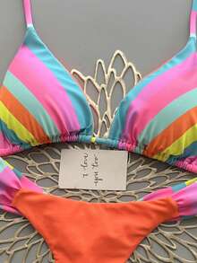 Conjunto de bikini casual de mujer con tirantes de espagueti, fruncido y a rayas, de tela con estiramiento medio, traje de baño colorido y vibrante para vacaciones - Naranja - Ver 4